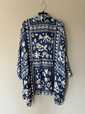 Corey Lynn Calter Blue and White Satin Oversized Button Up